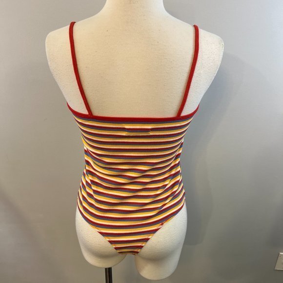NWT‎ MADEWELL Rainbow Stripe Ribbed Thong Bodysuit in Windmill Stripe Kilt Red ( - Picture 8 of 12